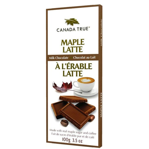 Canada True Maple Latte Milk Chocolate bar, 100g, with a latte cup, maple leaf, and chocolate squares on the white and brown packaging.