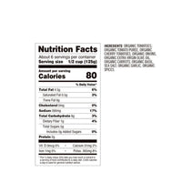Nutrition facts label for Cherry Tomato Basil Pasta Sauce listing organic ingredients and 80 calories per serving.