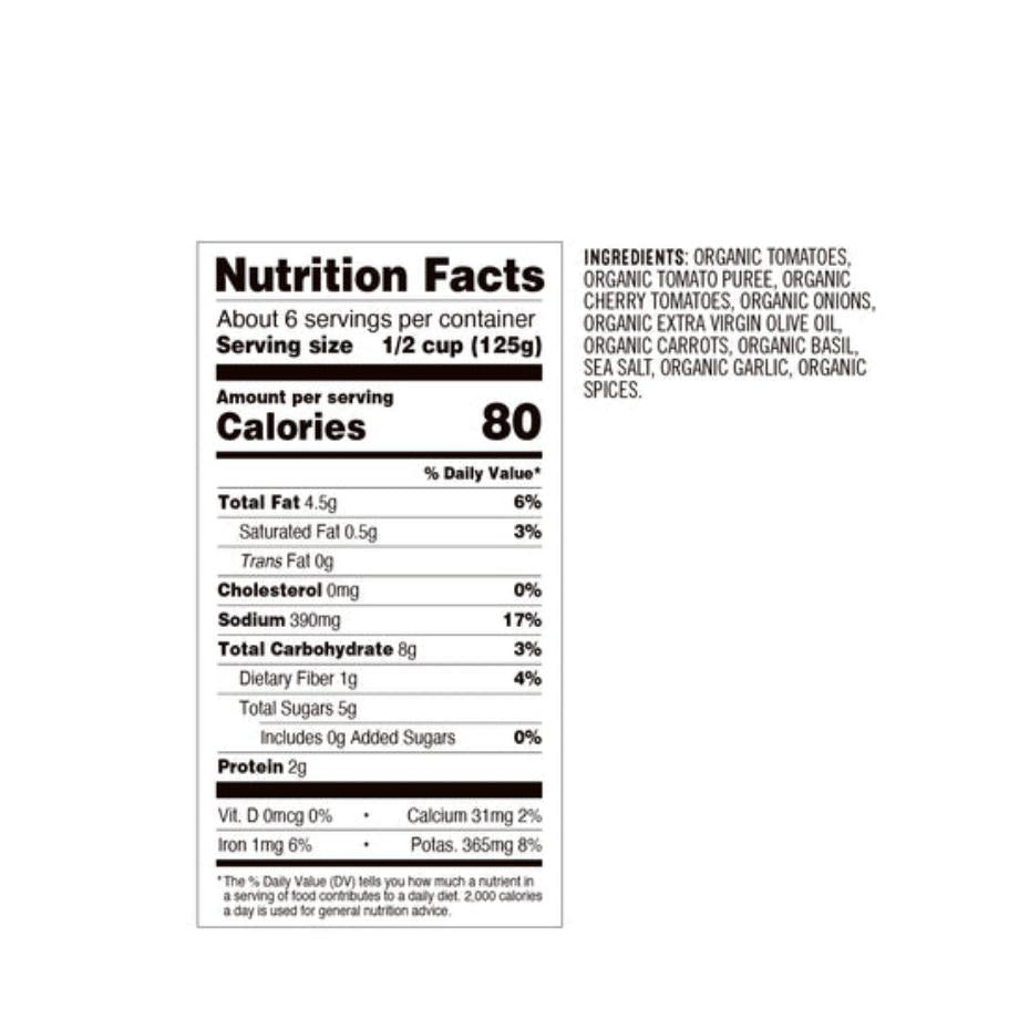 Nutrition facts label for Cherry Tomato Basil Pasta Sauce listing organic ingredients and 80 calories per serving.
