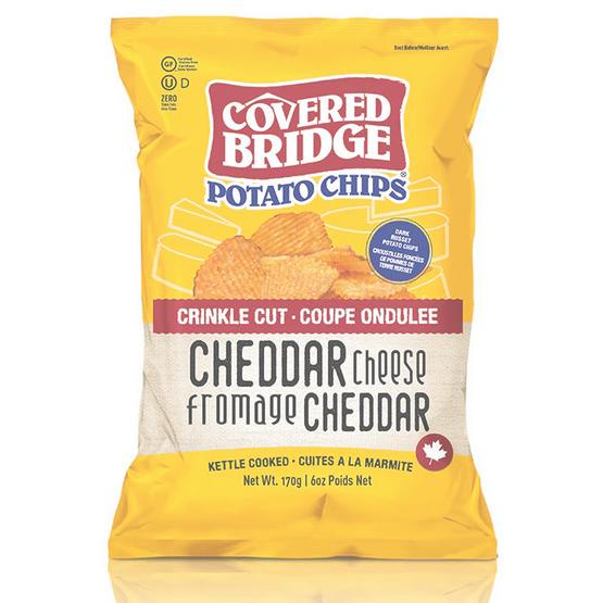 Yellow bag of Covered Bridge Crinkle Cut Cheddar potato chips, 170g.