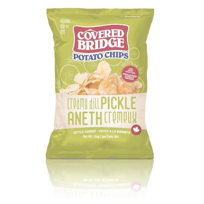 Covered Bridge Creamy Dill Pickle Potato Chips bag, light green with red logo and visible chips.