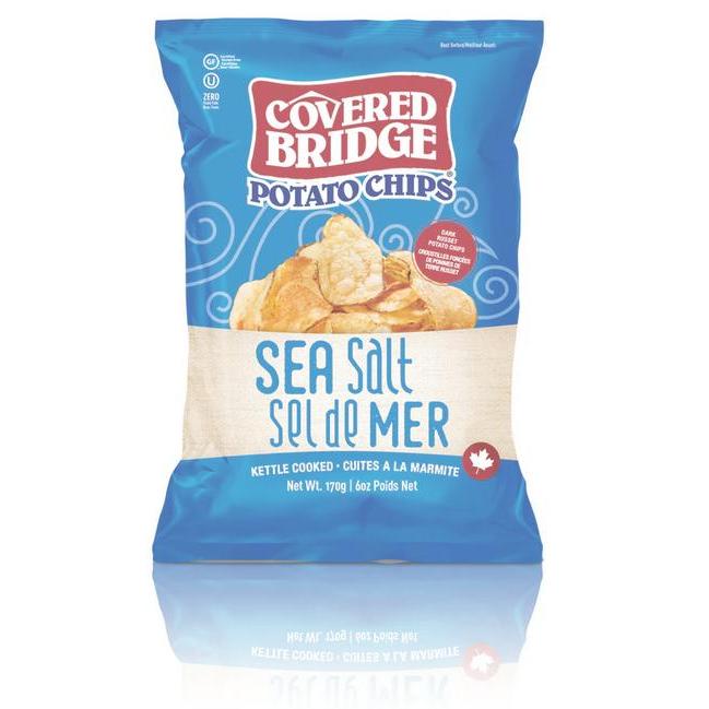 Covered Bridge Sea Salt Kettle Cooked Potato Chips in a blue and cream bag.