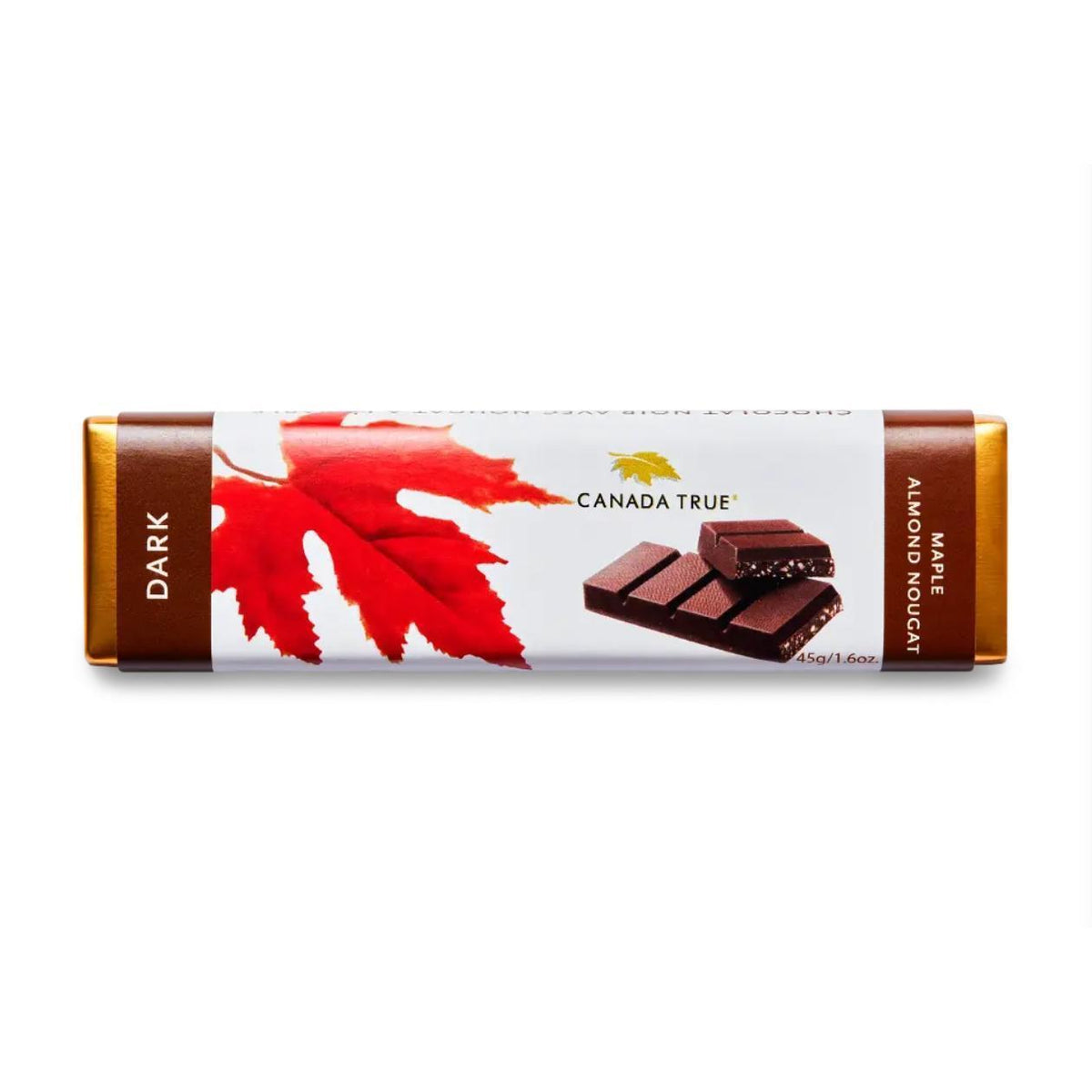 Canada True 45g dark chocolate bar with maple nougat, red maple leaf design.