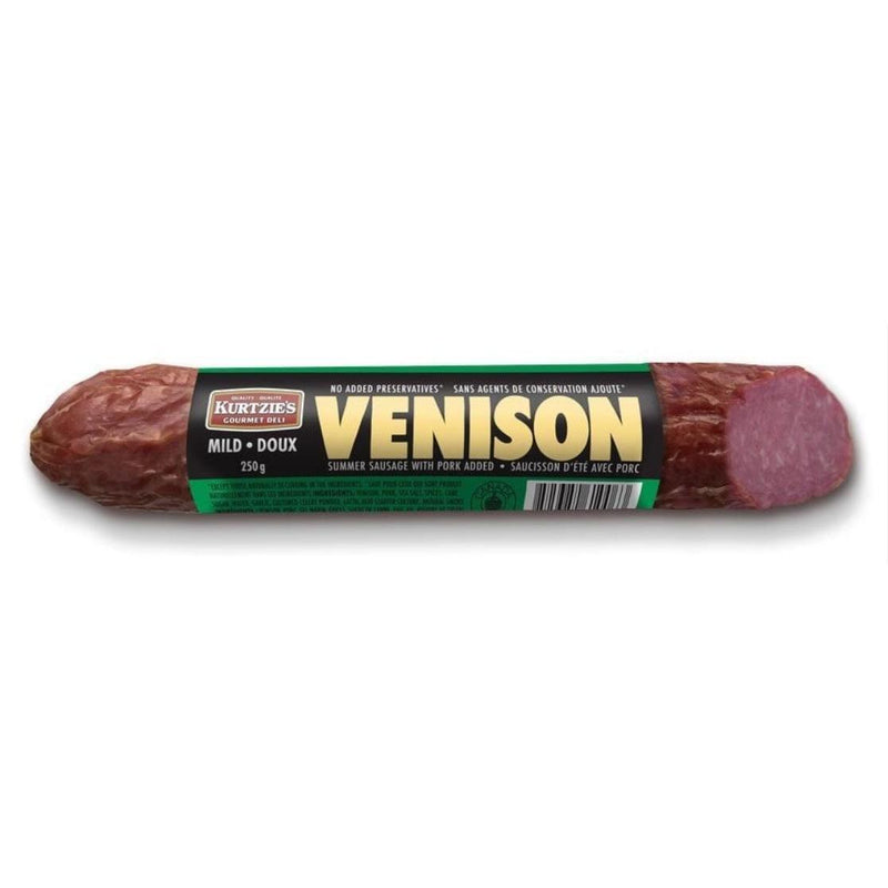 Kurtzie's 250g venison summer sausage log with a green and black label on a white background.