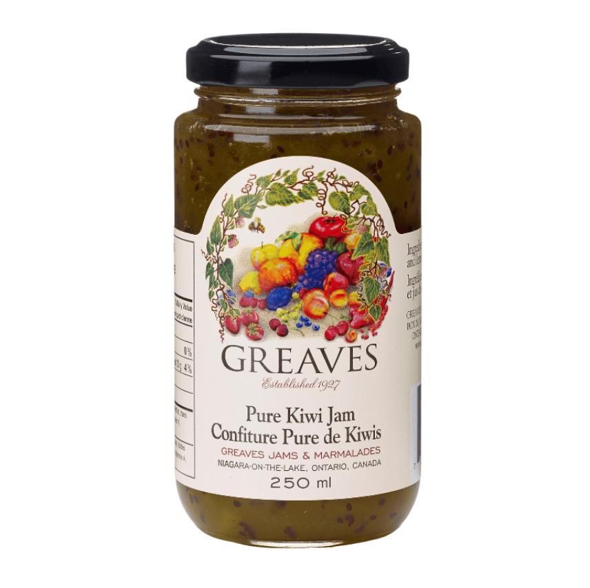 Greaves Pure Kiwi Jam in a 250ml glass jar with black lid and fruit-illustrated label.
