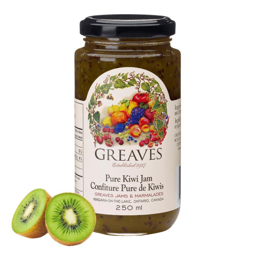 Greaves Pure Kiwi Jam in a 250ml glass jar with a black lid, next to two sliced kiwis.