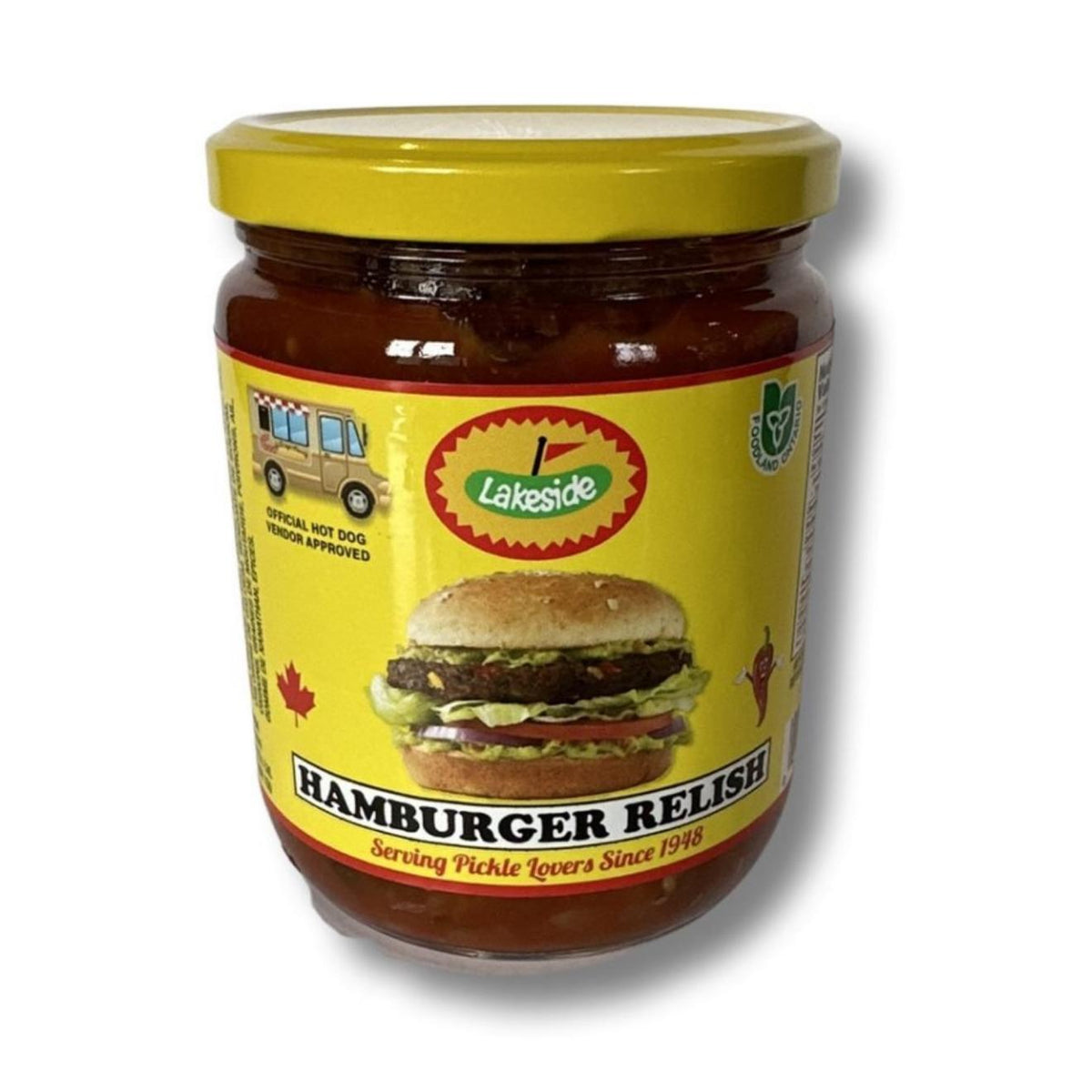 500ml jar of Lakeside Hamburger Relish with a yellow lid and a label featuring a burger and hot dog truck graphic.