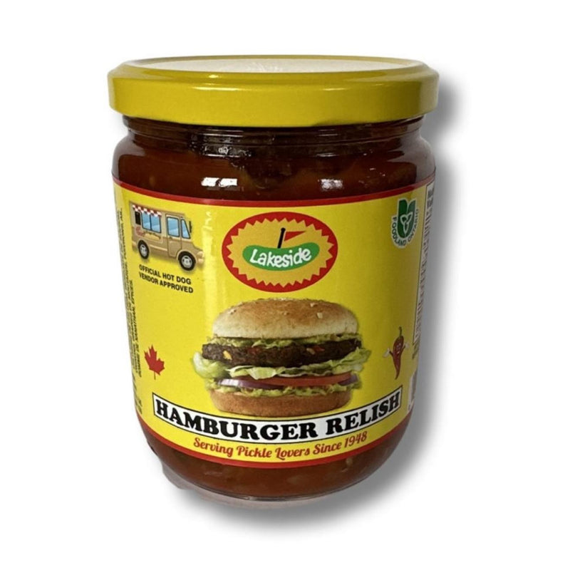 500ml jar of Lakeside Hamburger Relish with a yellow lid and a label featuring a burger and hot dog truck graphic.