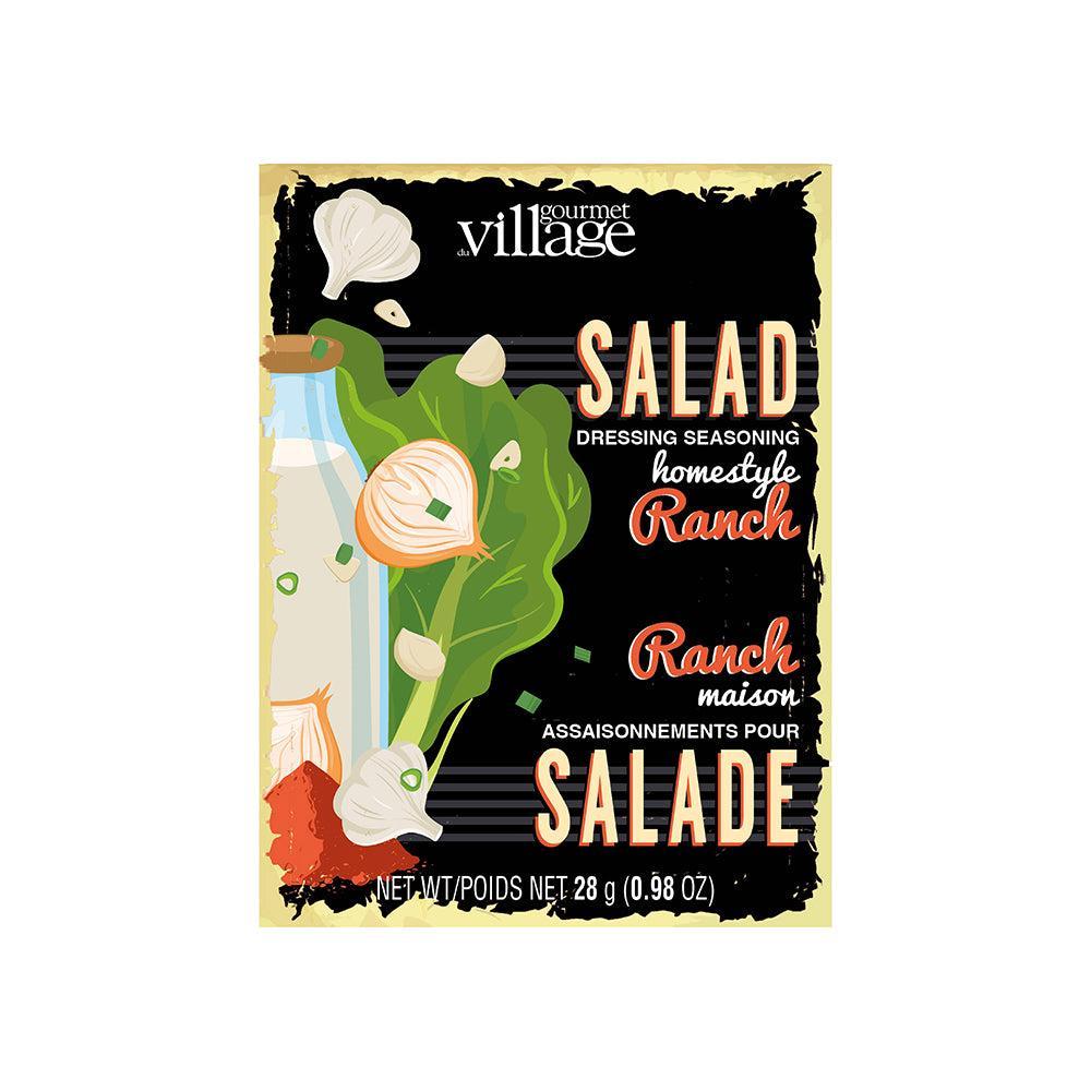 Village Gourmet Homestyle Ranch salad dressing seasoning pouch, 28g, featuring rustic illustrations of lettuce, onion, and garlic on a black background.