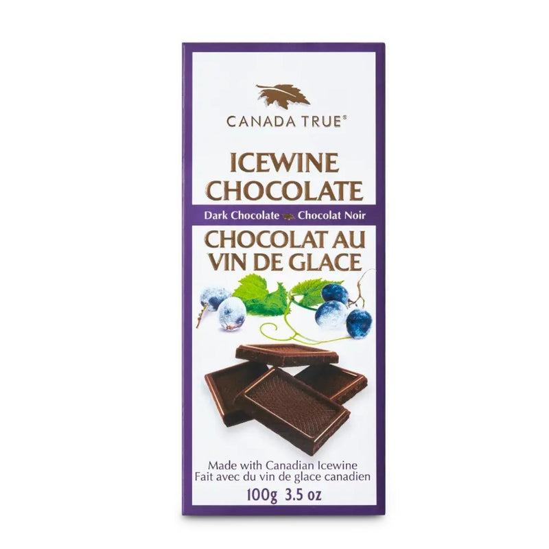 Canada True Icewine Dark Chocolate Bar in purple and white packaging with grapes and chocolate squares.