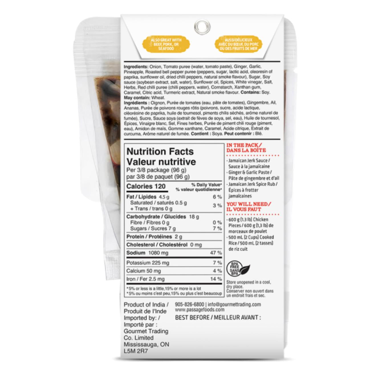 Clear pouch of Jamaican Jerk Chicken Stir Fry Kit, showing dark sauce and nutritional facts.