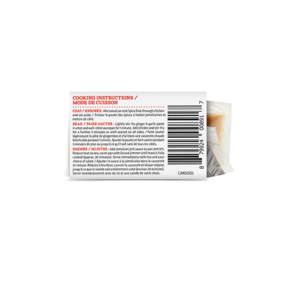 White product packaging for Jamaican Jerk Chicken Stir Fry Kit with red cooking instructions and barcode.