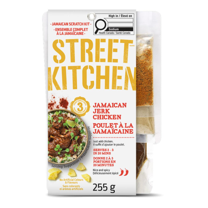White Street Kitchen Jamaican Jerk Chicken kit with a dish of chicken, pineapple, and spice packets.