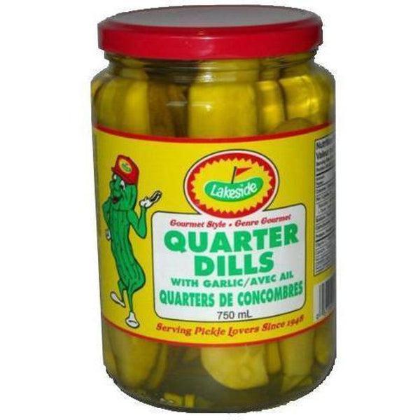 Lakeside Quarter Dills, 750mL glass jar with red lid and yellow label featuring a pickle mascot.