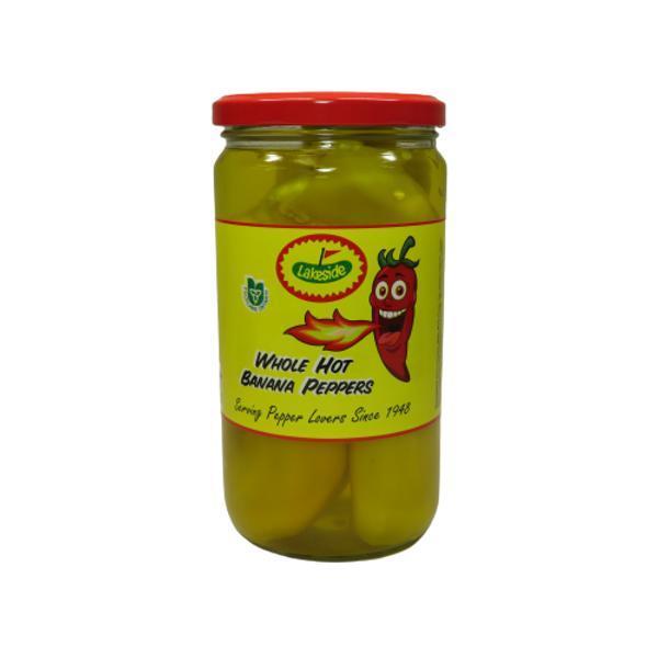 Glass jar of Lakeside Whole Hot Banana Peppers with a red lid and yellow label.