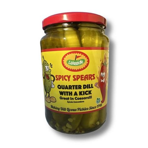 Lakeside Spicy Spears Quarter Dill pickles in a clear jar with a red lid and yellow label.