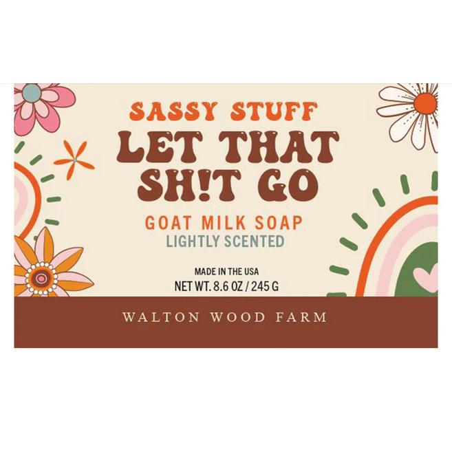 Walton Wood Farm "Let That Shit Go" goat milk soap, 8.6 oz, with a sassy floral design.