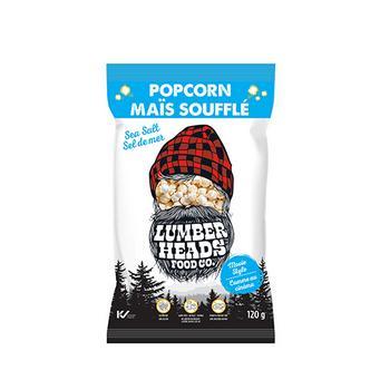 Lumber Heads Sea Salt Popcorn bag with a lumberjack character, plaid hat, and beard made of popcorn.