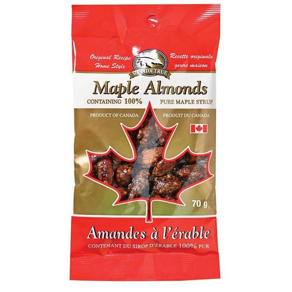 Red bag of Canada True Maple Almonds, 70g, with a maple leaf window showing glazed almonds.