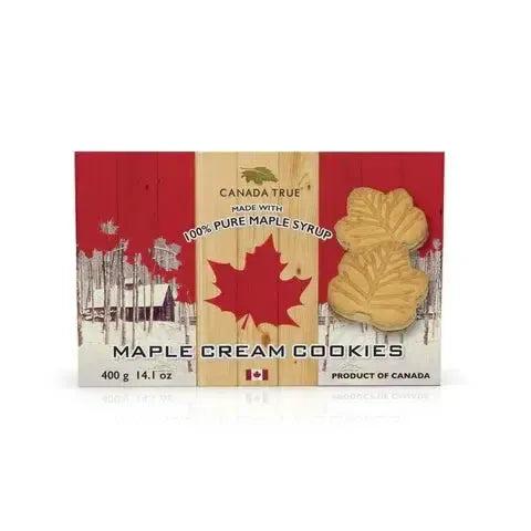 Canada True Maple Cream Cookies 400g box with two maple leaf-shaped cookies.