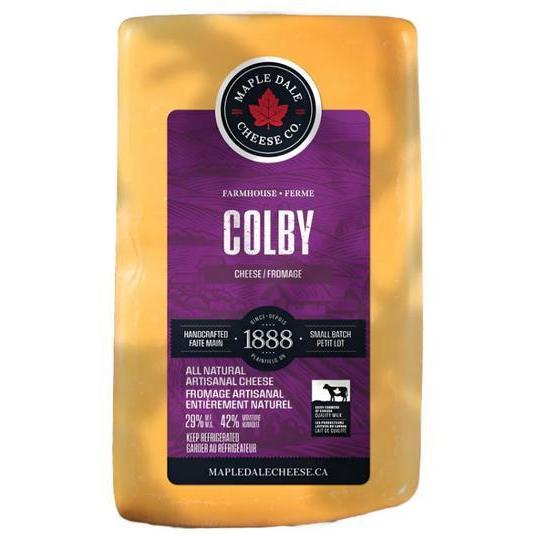 Maple Dale Colby Cheese, 250g block, with a purple label featuring a maple leaf logo.