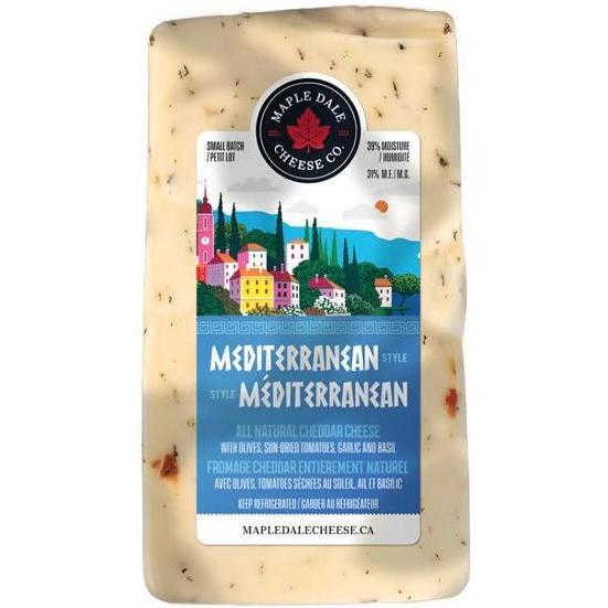 250g block of Maple Dale Mediterranean Cheddar with visible sun-dried tomatoes, olives, and garlic herbs.