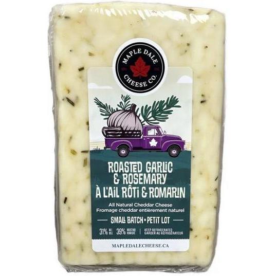 Maple Dale Roasted Garlic & Rosemary Cheddar, a light yellow block of cheese with green specks, wrapped in clear plastic.