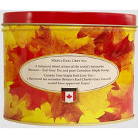 Red and yellow tin of Maple Earl Grey Tea with a maple leaf design and Canada flag.