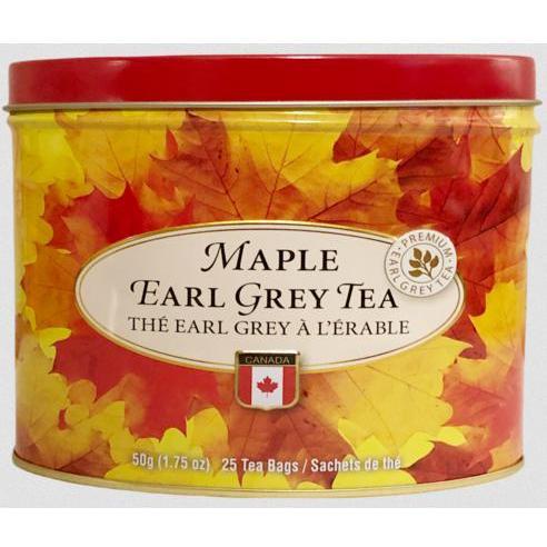 Red and yellow tin of Maple Earl Grey Tea with autumn maple leaf design, 50g, 25 tea bags.