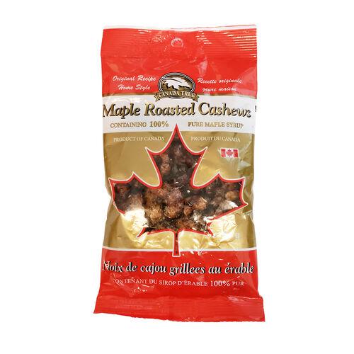 Red and gold 90g bag of Canada True Maple Roasted Cashews with a maple leaf design.