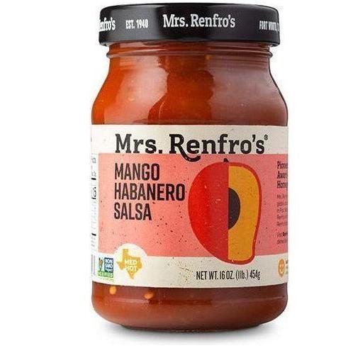 Mrs. Renfro's Mango Habanero Salsa in a clear glass jar with a black lid and pink label.
