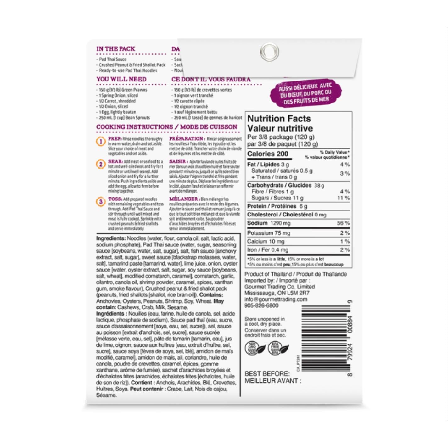 Back of a Pad Thai Noodle Kit package showing ingredients, cooking instructions, and nutrition facts.