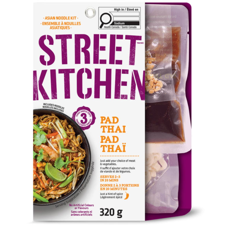 Street Kitchen Pad Thai Noodle Kit with purple branding, showing a serving suggestion and ingredient pouches.