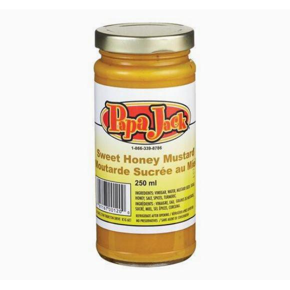Papa Jack Sweet Honey Mustard in a 250ml glass jar with a gold lid and white label.