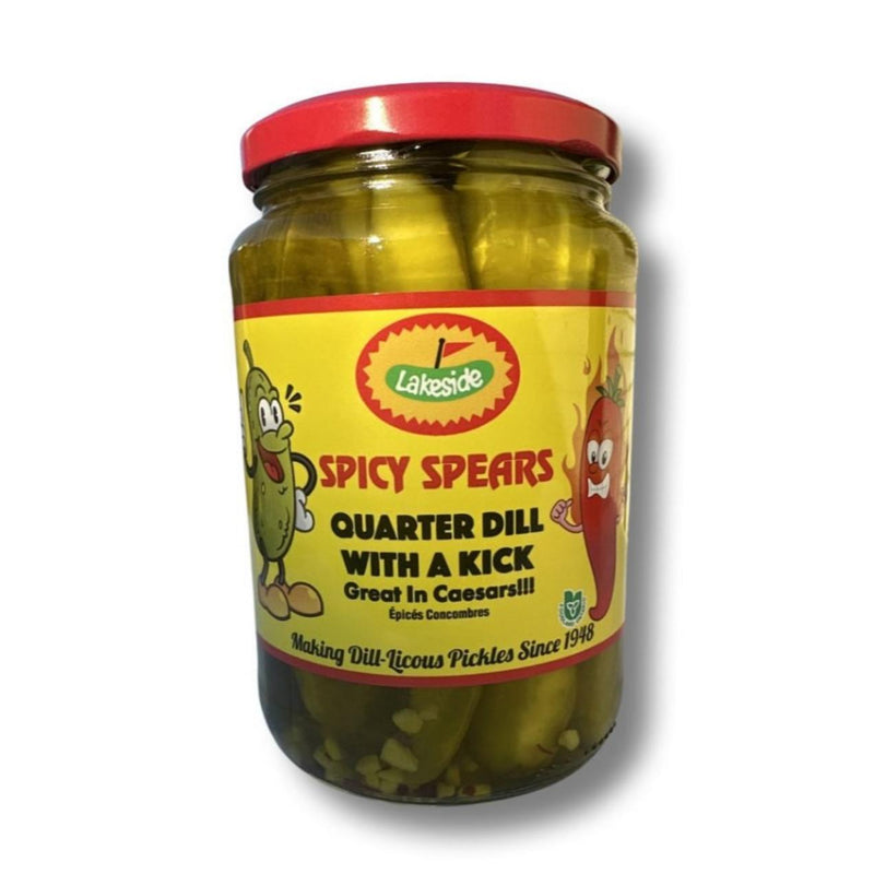 750ml jar of Lakeside spicy quarter dill spears with a red lid and cartoon pickle and chili pepper label.