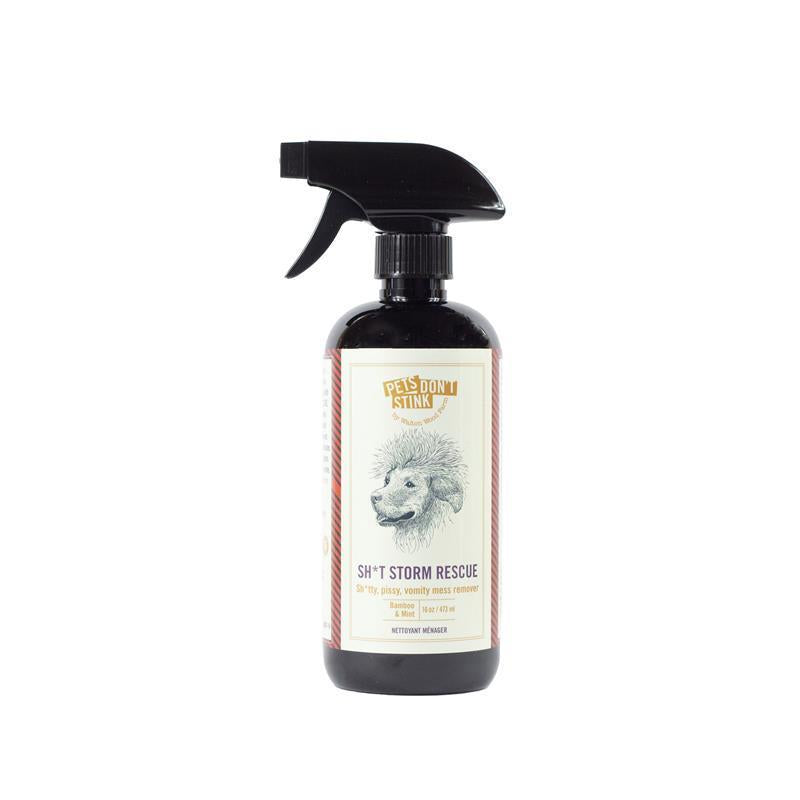 Black 16oz spray bottle of SH*T STORM RESCUE pet mess remover with a white dog illustration.