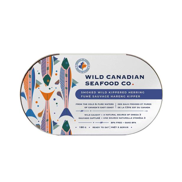 Wild Canadian Seafood Co. smoked wild kippered herring tin with colorful fish design.