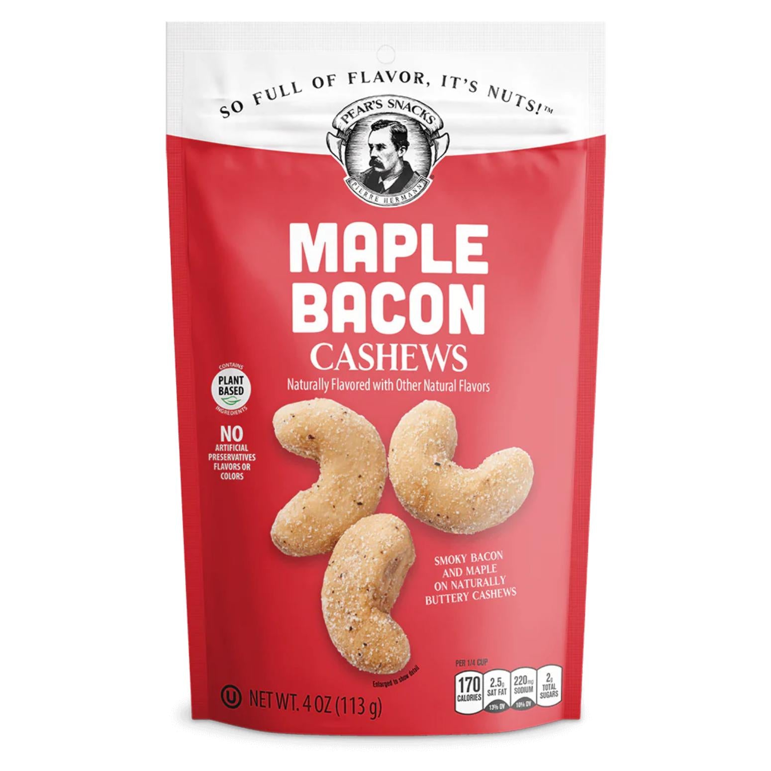 Red pouch of Pear's Snacks Maple Bacon Cashews with three cashews shown, 4 oz (113g).