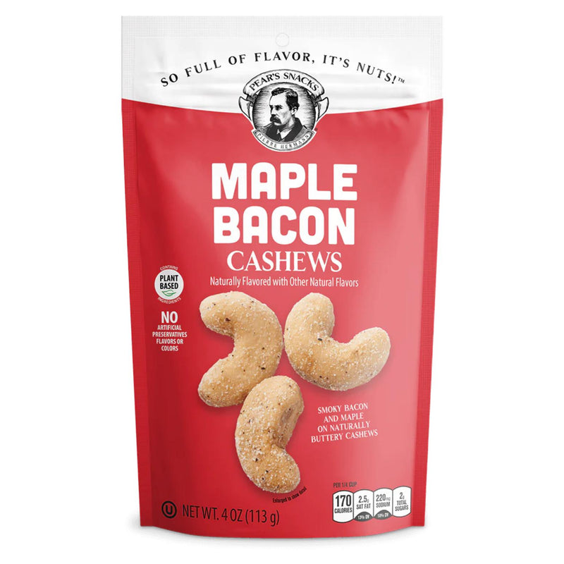 Red pouch of Pear's Snacks Maple Bacon Cashews with three cashews shown, 4 oz (113g).
