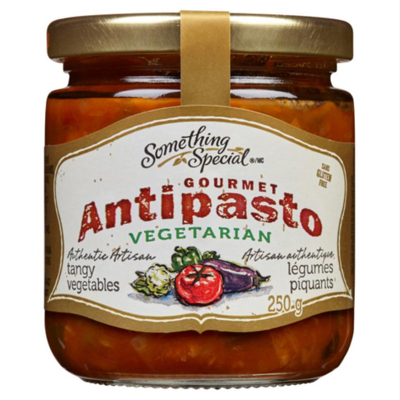 Something Special Vegetarian Antipasto jar with a gold lid and label featuring vegetables.