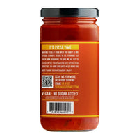 12-ounce glass jar of Sonoma Pizza Sauce featuring a yellow label with a QR code, barcode, and vegan product details.