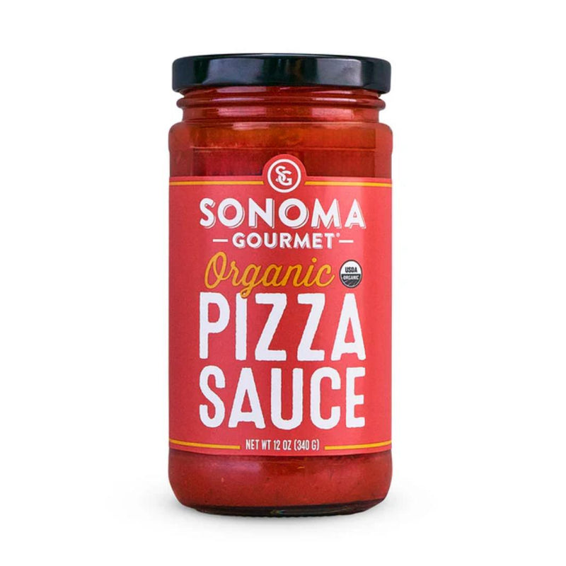12-ounce glass jar of Sonoma Gourmet organic pizza sauce with a red label, black lid, and white text.