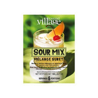 Gourmet du Village Sour Mix pouch with a whiskey sour cocktail garnished with an orange slice and cherry.