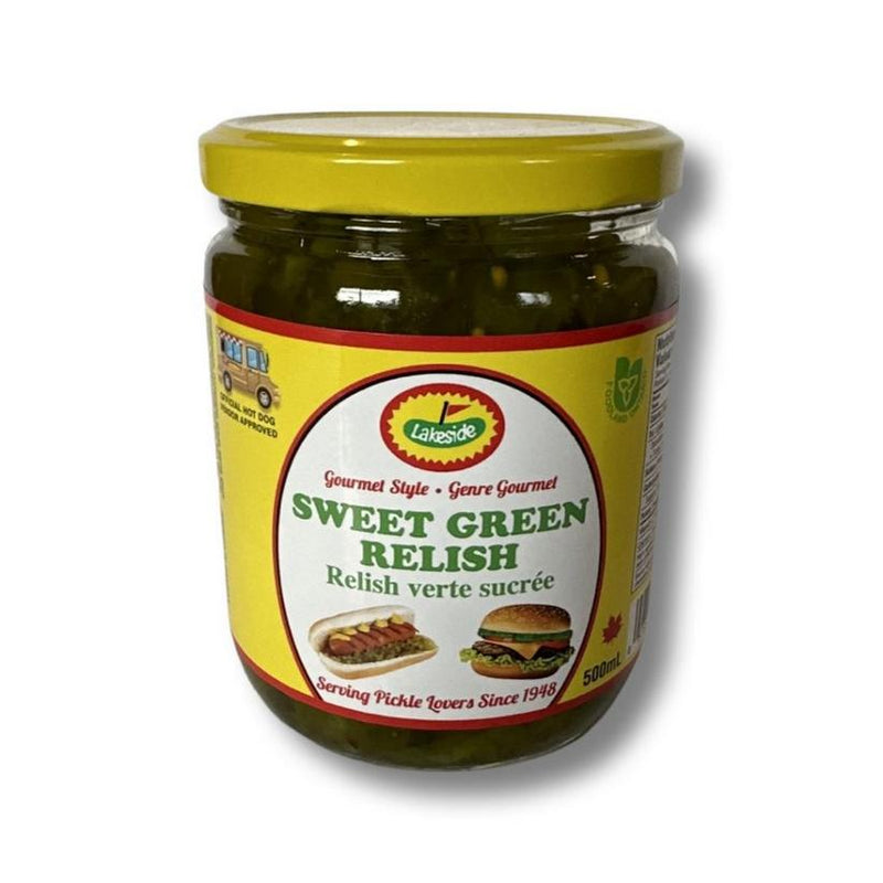 500ml glass jar of Lakeside Sweet Green Relish with a yellow lid and label featuring hot dog and burger illustrations.