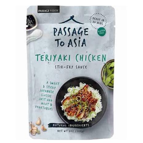 Passage to Asia Teriyaki Chicken Stir-Fry Sauce 200g pouch with chicken and rice dish.