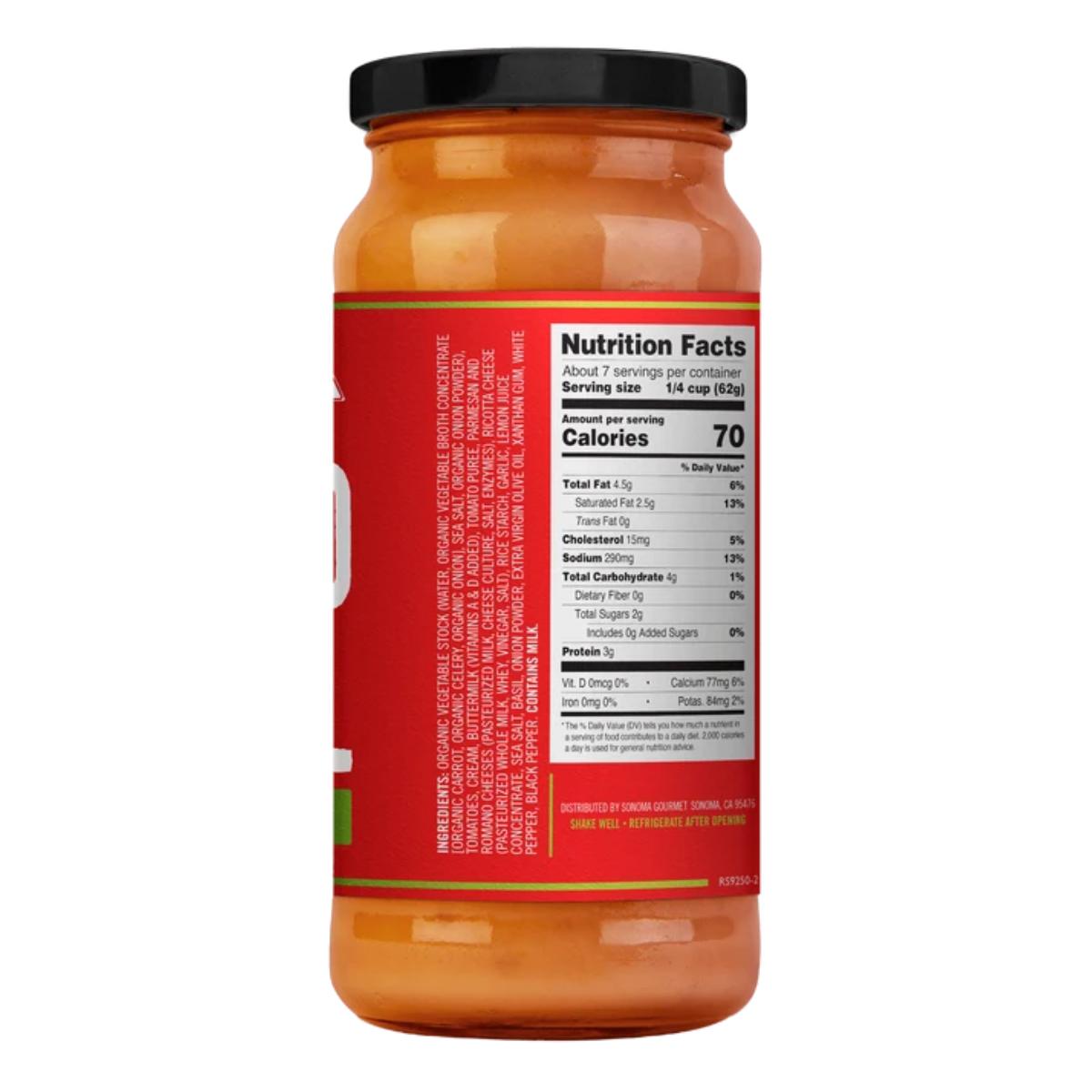 439g glass jar of Sonoma Gourmet Tomato Basil Alfredo sauce showing the nutrition facts and ingredient label.