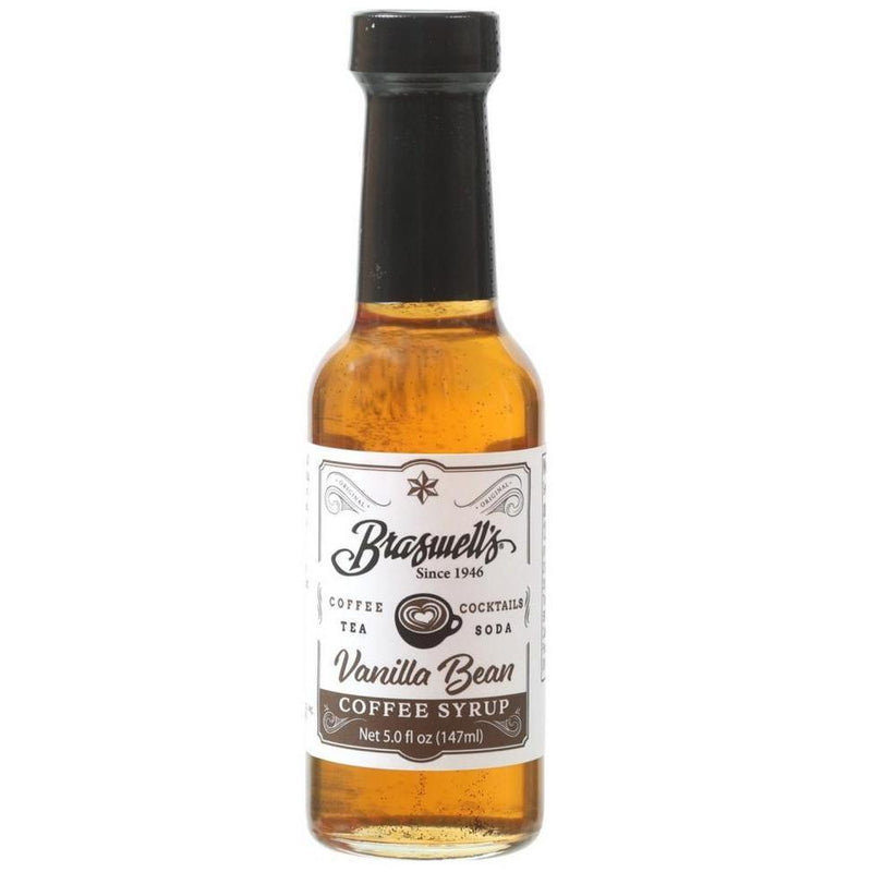 Brazwell's Vanilla Bean Coffee Syrup in a 147ml clear glass bottle with a black cap and white label.