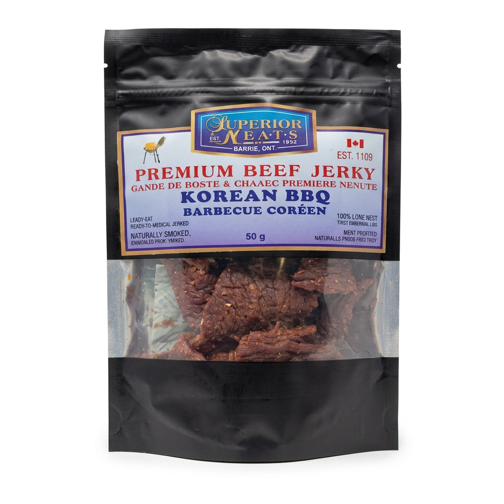 Superior Meats Korean BBQ Beef Jerky 50 g pouch on a white background