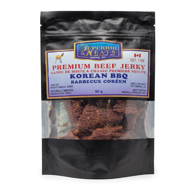 Superior Meats Korean BBQ Beef Jerky 50 g pouch on a white background