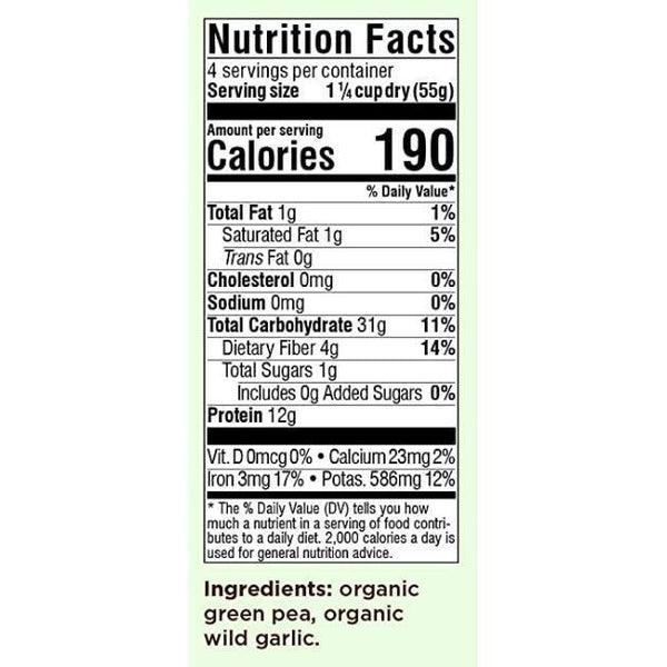 Nutrition Facts label for Al Dente Green Pea + Wild Garlic Plant Based Pasta, showing 190 calories per serving.